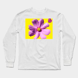 Pink Cosmos Daisy Flower on Yellow Long Sleeve T-Shirt